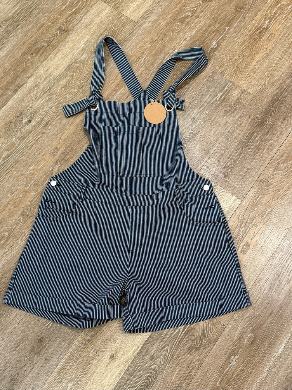 BiBi Hickory Stripe Denim Shortalls Size Large NWT Railroad Bib Overalls